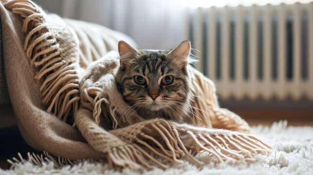 Adult domestic cat relax tucked away in a plaid blanket during the cold winter season. Cat hiding in a warm blanket, cold in the apartment, heating season.