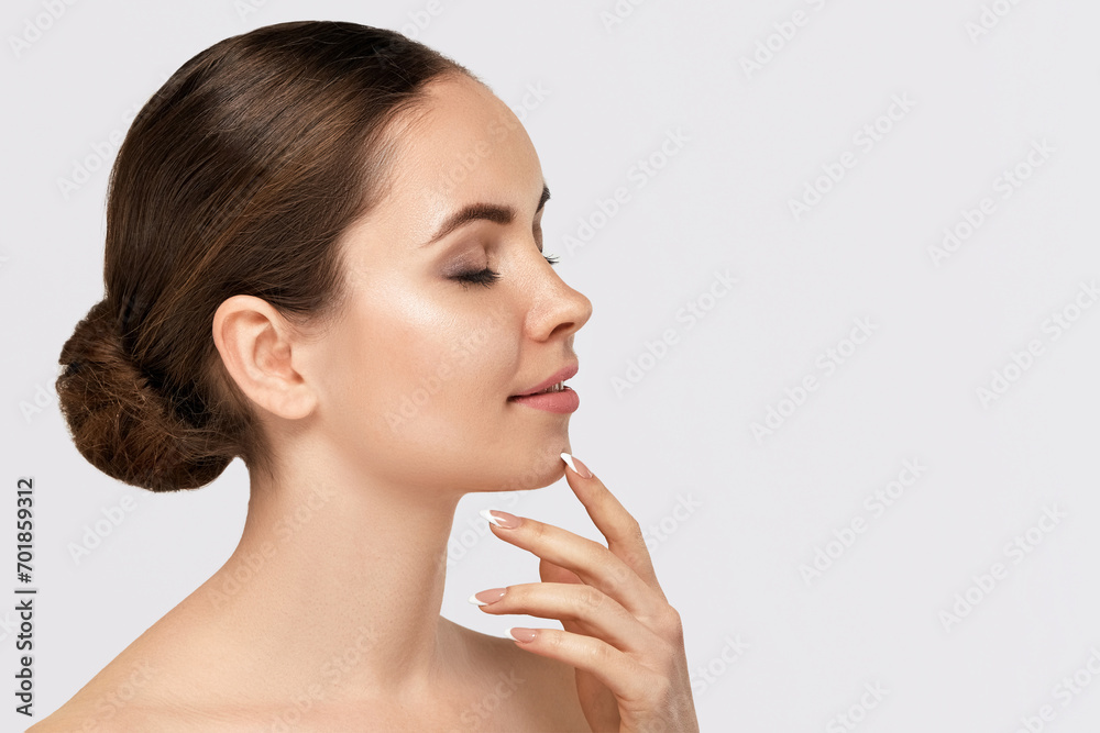 Canvas Prints Beauty Face. Woman Model With Healthy Facial Skin And Natural Makeup Portrait On White Isolate Background