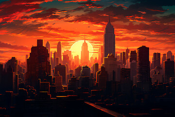 Fototapeta premium Cityscape illuminated, skyscrapers stretch towards the setting sun.