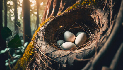 eggs in the bird nest on the tree, forest wildlife - obrazy, fototapety, plakaty