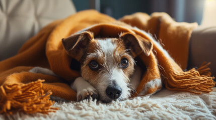 Adult domestic dog relaxes tucked away in a plaid blanket during the cold winter season. Dog hiding in a warm blanket, cold in the apartment, heating season. - obrazy, fototapety, plakaty