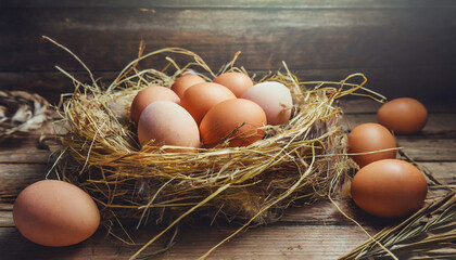 chicken eggs in hay nest, wooden background - obrazy, fototapety, plakaty