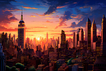 Fototapeta na wymiar Cityscape illuminated, skyscrapers stretch towards the setting sun.