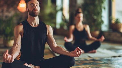 Man in the foreground practicing meditation with a focused and peaceful expression