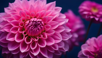 Vibrant pink dahlia in the garden on dark blue background with copy space.