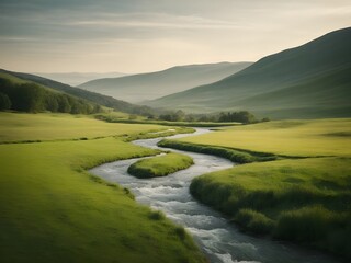 Fototapeta na wymiar A peaceful meadow with a winding river.