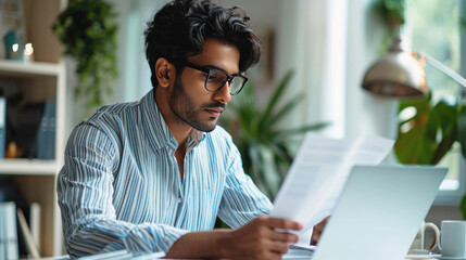 Focused man reviewing documents in front of a laptop in a modern office setting - obrazy, fototapety, plakaty