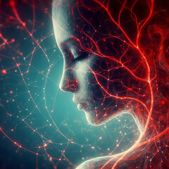 Health care and medicine concept. Abstract visualization of red human veins and blood vessels web. ai generative