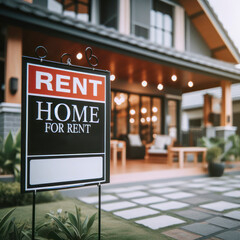 Home For RENT Real Estate Sign In Front of House on blure background. ai generative - obrazy, fototapety, plakaty
