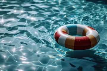 A colorful lifebuoy floats in a swimming pool, with the sunlight creating a sparkling effect on the water's surface