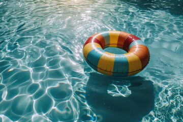 Naklejka premium A colorful lifebuoy floats in a swimming pool, with the sunlight creating a sparkling effect on the water's surface