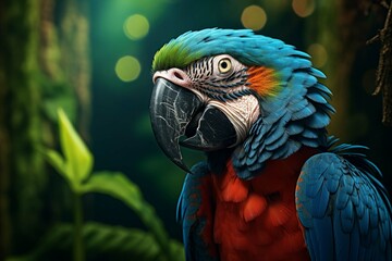 Close up of colourful scarlet macaw parrot.