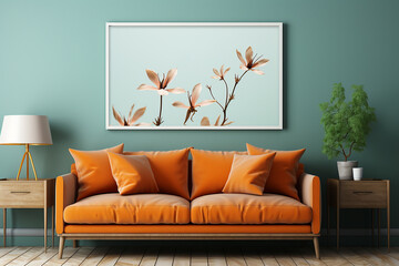 Poster with frames on empty wall in living room interior