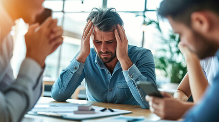 A stressed businessman in a suit holds his head in a gesture of frustration or headache - obrazy, fototapety, plakaty