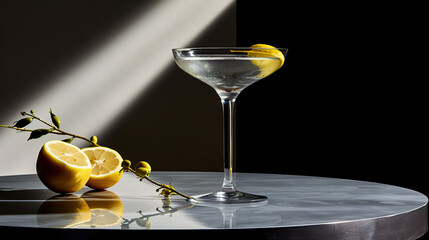 Martini cocktail with lemon twist on gray podium
