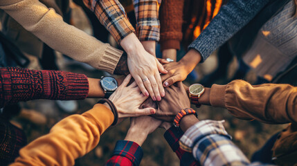 A top-down view of a group of friends stacking their hands together, symbolizing unity, teamwork, and mutual support in a casual setting. - obrazy, fototapety, plakaty