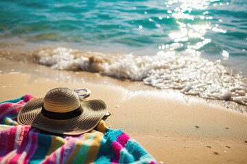 A colorful beach towel, straw hat, and flip-flops laid out on the sand as waves gently lap the shore, evoking a leisurely day at the beach