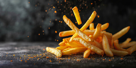 Floating french fries on dark background. Generative AI.