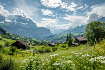 Obraz premium Breathtaking view of an alpine valley with lush green meadows dotted with wildflowers, framed by majestic snow-capped mountains under a dynamic sky.
