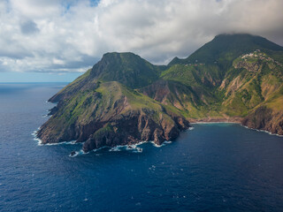 Old Booby Hill and Mount Scenery aerial view next to Spring Bay from airplane in Saba, Caribbean Netherlands. 