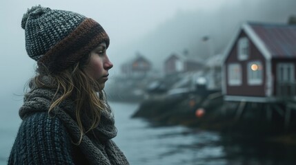 Seaside Town overlooking a foggy fjord, a small Scandinavian fishing village. A woman in a wool sweater looks binoculars.