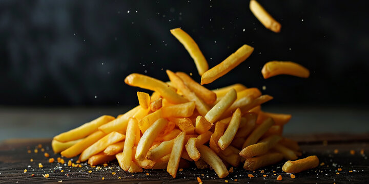 Floating french fries on dark background. Generative AI.