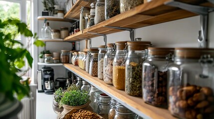 Shelves with spices, home pantry, jars with herbs