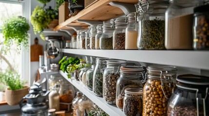 Shelves with spices, home pantry, jars with herbs