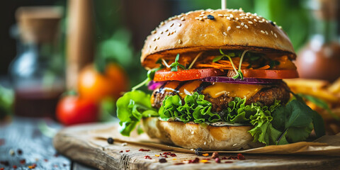Vegan burger on the table. Generative AI. - obrazy, fototapety, plakaty