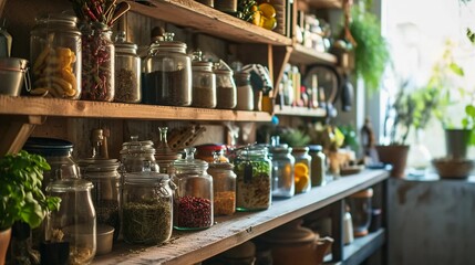 Various herbs in glass jars, pantry with organic herbs, medicines of natural origin - obrazy, fototapety, plakaty