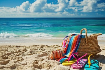 Straw hat and flip-flops resting on a colorful towel by the foamy sea edge, capturing the essence of a beach holiday