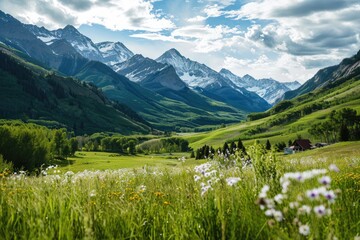 Breathtaking view of an alpine valley with lush green meadows dotted with wildflowers, framed by majestic snow-capped mountains under a dynamic sky.