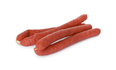 Thin dry smoked sausages isolated on white