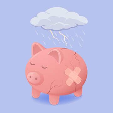 Broken sad piggy bank: financial failure