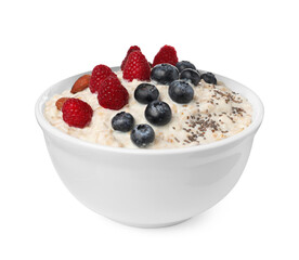 Tasty boiled oatmeal with berries, almonds and chia seeds in bowl isolated on white