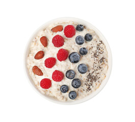 Tasty boiled oatmeal with berries, almonds and chia seeds in bowl isolated on white, top view
