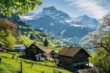Obraz premium A verdant alpine valley, dotted with quaint houses and wildflowers, stretches towards the majestic, snow-capped mountains under a dynamic sky