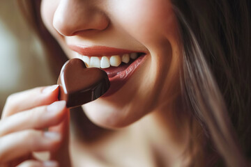 Happy young woman bites heart-shaped chocolate. Close-up, selective focus. World Chocolate Day, Valentine's Day