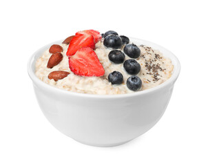 Tasty boiled oatmeal with berries, almonds and chia seeds in bowl isolated on white