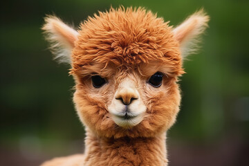 Brown alpacas in the countryside, close-up portrait