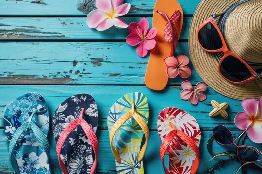 A vibrant nautical composition showcases summer holiday essentials, including beach flip-flops and a woven sunhat, against a lively blue backdrop