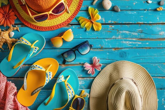 A vibrant nautical composition showcases summer holiday essentials, including beach flip-flops and a woven sunhat, against a lively blue backdrop