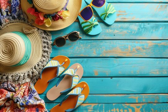 A vibrant nautical composition showcases summer holiday essentials, including beach flip-flops and a woven sunhat, against a lively blue backdrop