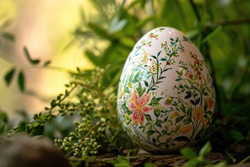 Exquisite hand-painted Easter egg adorned with delicate floral motifs nestled in a natural setting of fresh greenery.