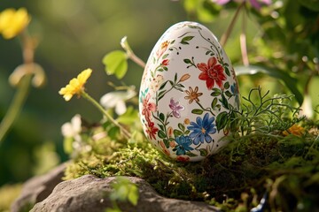 Exquisite hand-painted Easter egg adorned with delicate floral motifs nestled in a natural setting of fresh greenery.