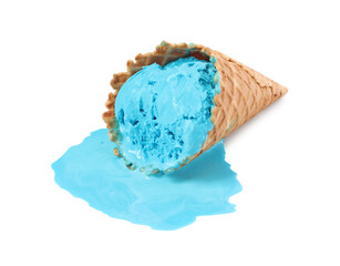 Melting ice cream in wafer cone on white background