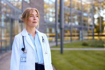 Portrait Of Female Doctor Wearing White Coat Standing Outside Modern Hospital Building