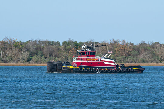Tug boat Jeffrey McAllister at work in Charleston Harbor, SC, USA on December 29, 2023.