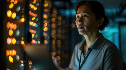 Focused IT professional using a laptop while standing in a server room with racks of network equipment illuminated by blue lights
