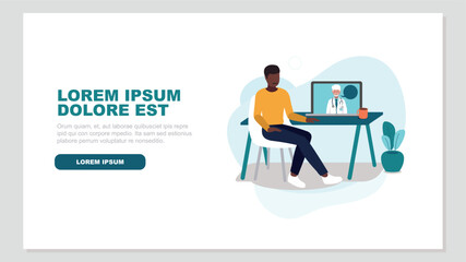 Vektor-Illustration  einer Person an einem Schreibtisch im Gespräch mit einem Arzt online auf einem Laptop - Health Concept